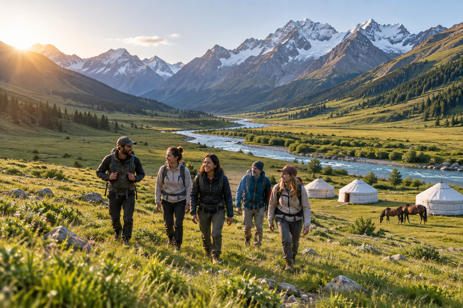 Petit groupe de voyageurs face à un lac et des montagnes