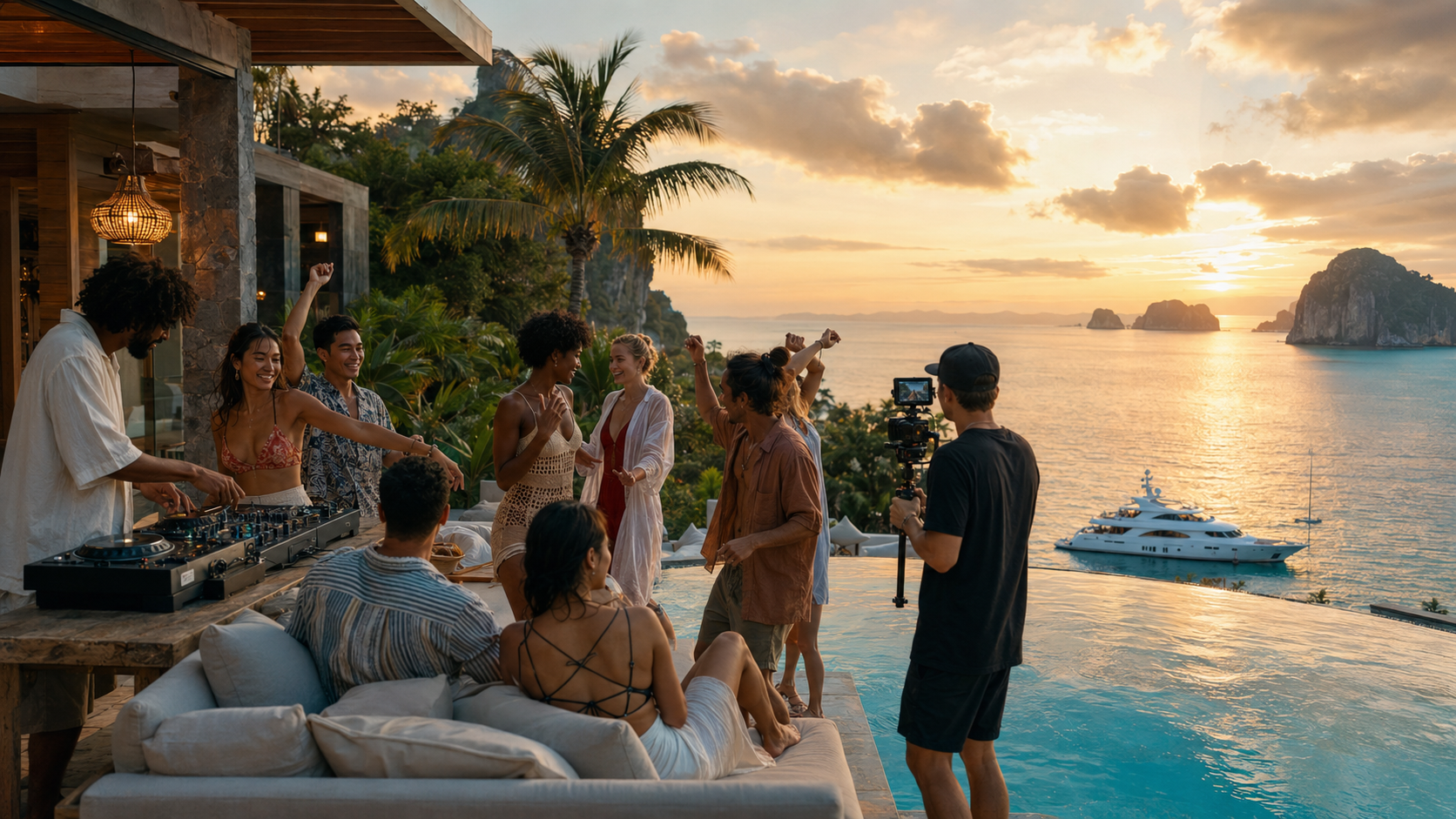 Groupe multiculturel dans une villa avec DJ, vidéaste et yacht en Thaïlande